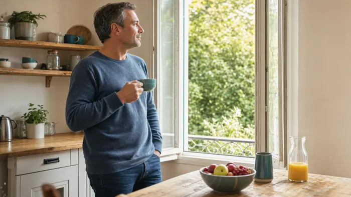 Adulte respirant librement à l’extérieur après avoir choisi d’arrêter de fumer