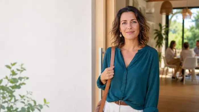 Femme debout près d’une fenêtre, posture calme et assurée