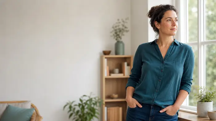 Femme près d’une fenêtre retrouvant un moment de stabilité face au stress et à l’anxiété
