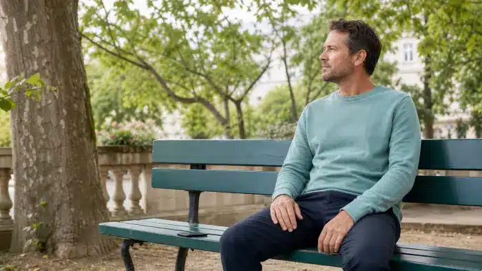 Homme faisant une pause sur un banc pour revenir au moment présent