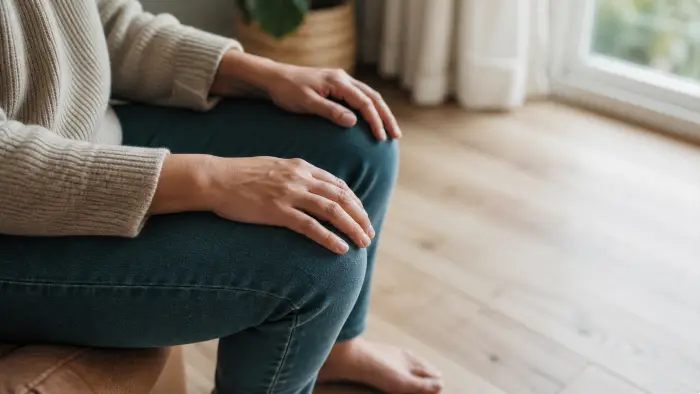 Mains détendues et pieds ancrés au sol lors d’une pause apaisante