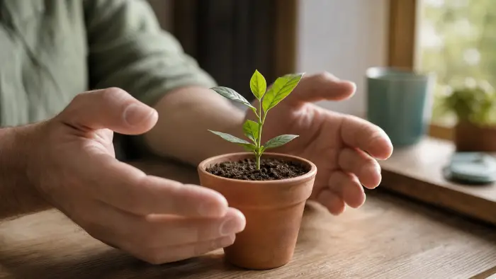 Mains entourant délicatement une jeune plante, évocation de l’accueil de ce qui émerge