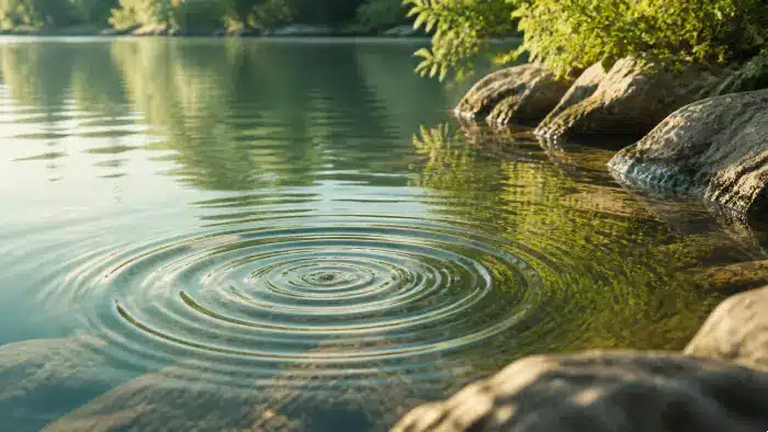 Ondes concentriques sur un étang calme, évocation du mouvement naturel des émotions